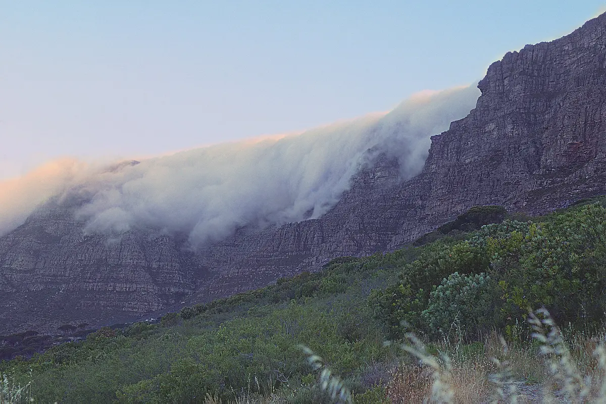 A bank of white cloud spilling over the edge of a steep rock face on Table Mountain at dusk, with green fynbos in the foreground